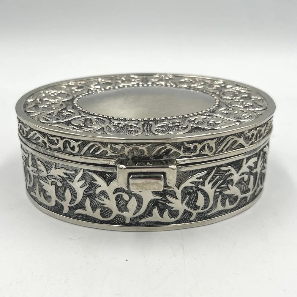 Vintage Oval Silver Plated Jewelry Trinket Box Monogrammed Velvet Lined Keepsake